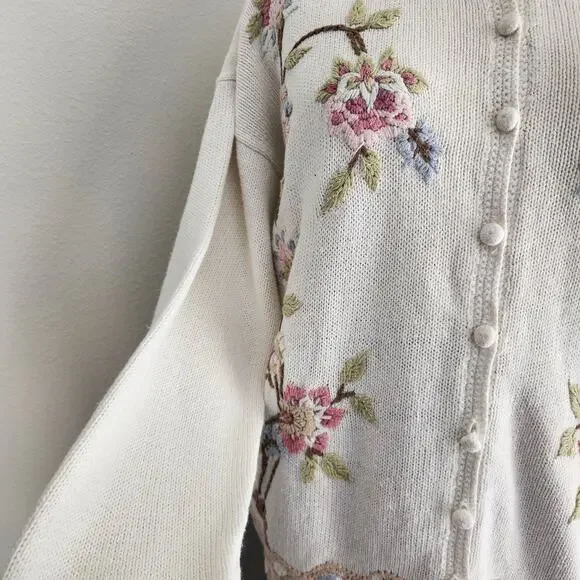 Vintage Bottega Verde Floral Embroidered Knit Cardigan Natural Fiber L - Picture 7 of 15